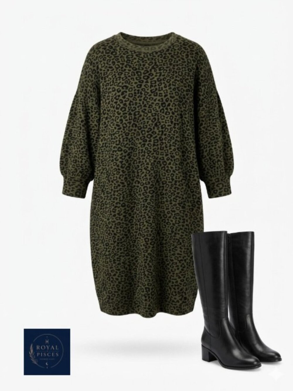 Cozy Olive & Black Cheetah Print Knit Sweatshirt Dress